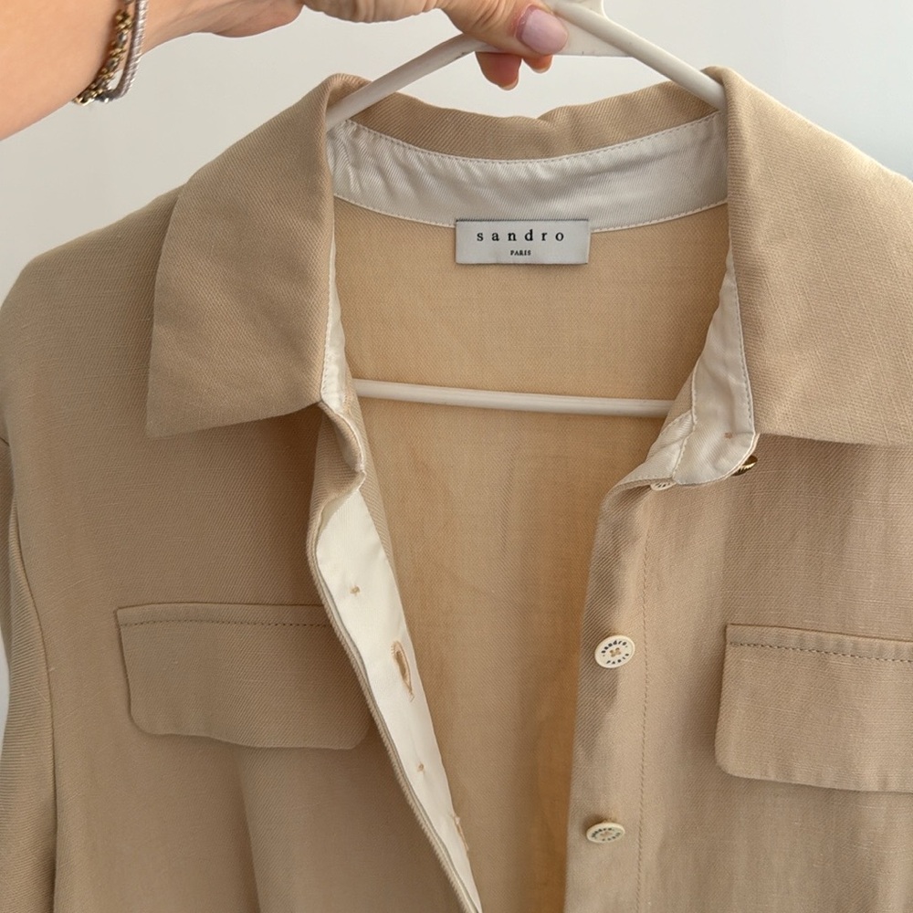 Sandro Uno Pleated Cotton And Linen-blend Twill Jumpsuit In Beige - Picture 7 of 11